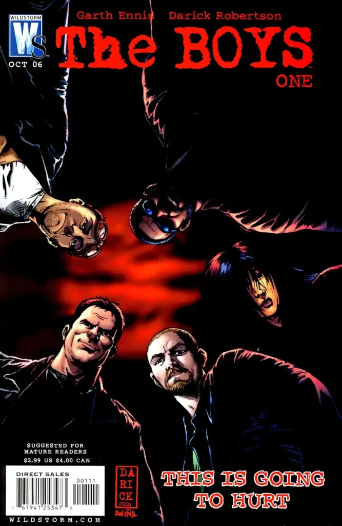 کاور شماره‌ی ۱ کمیک The Boys با لگوی ایمپرینت WildStorm (برای دیدن سایز کامل روی تصویر تپ/کلیک کنید)