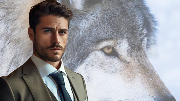 مرد کراوات پوش با پشت زمینه گرگ