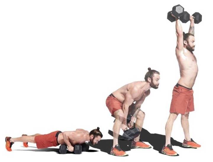 حرکات بدنسازی با دمبل؛ ۲۷ تمرین و انواع حرکات با دمبل_روشنفکر 80 حرکت Devil press، ورزش با دمبل
