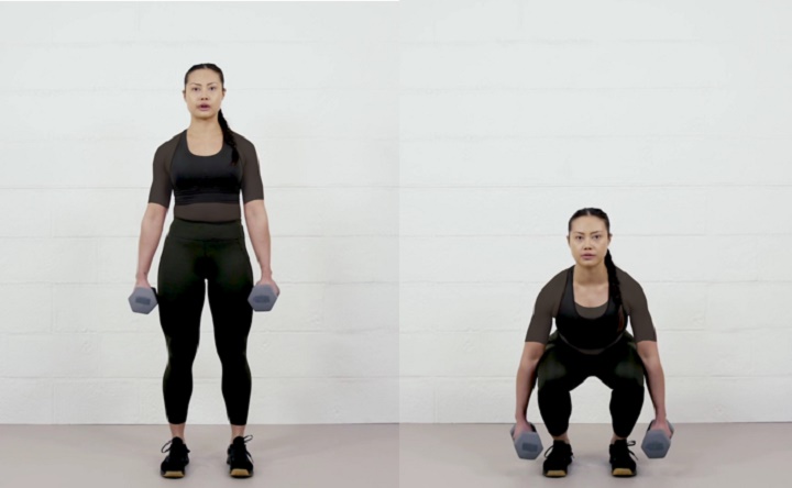 حرکات بدنسازی با دمبل؛ ۲۷ تمرین و انواع حرکات با دمبل_روشنفکر 79 ورزش با دمبل - اسکوات چمدان