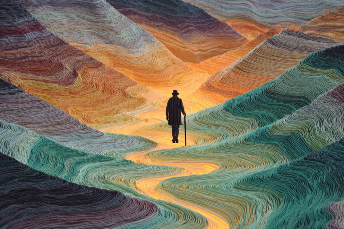 مرد با عصا در میان تپه های رنگی